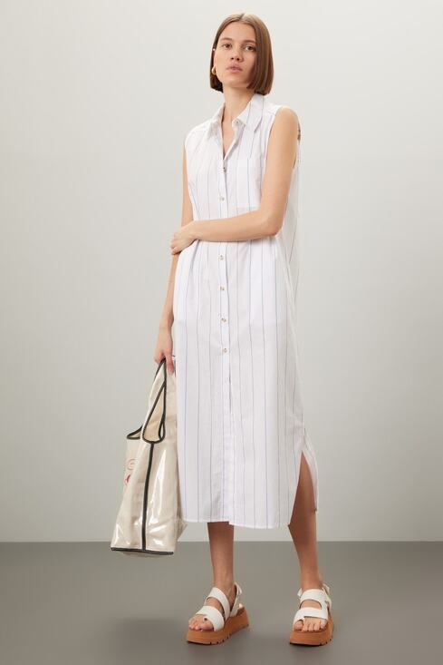 DONNI Dresses & Skirts - DONNI White Blue Striped Sleeveless Collared Neckline Button Front Dress Size L